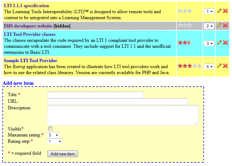 Sample Manage Rating Items page