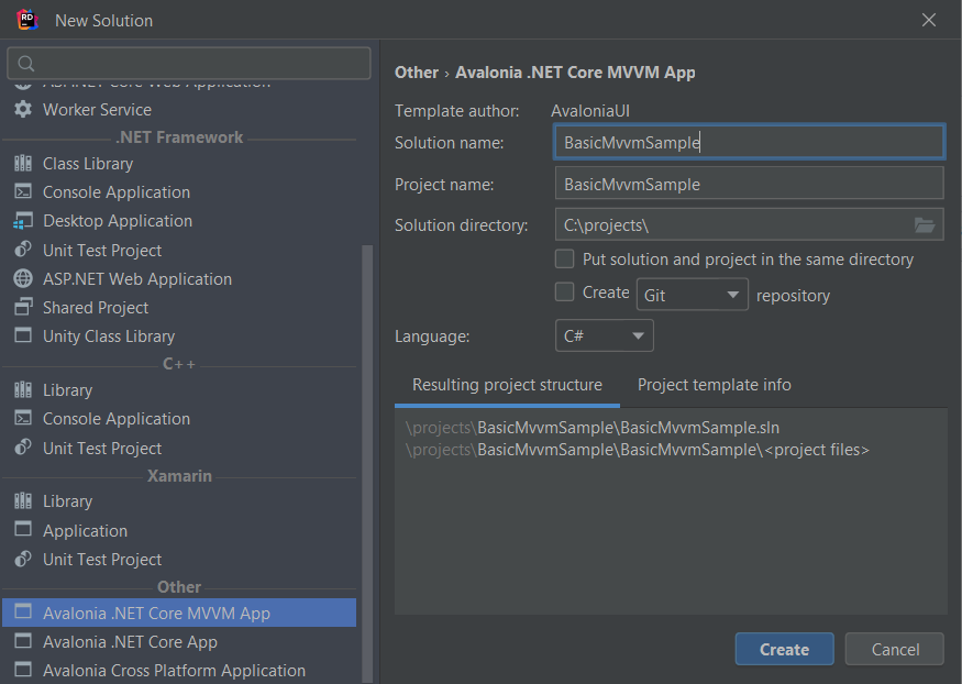 New Project dialog in JetBrains Rider