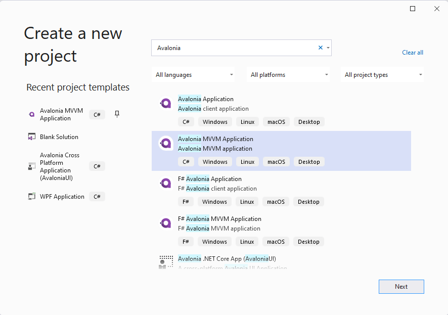 New Project dialog in Microsoft Visual Studio