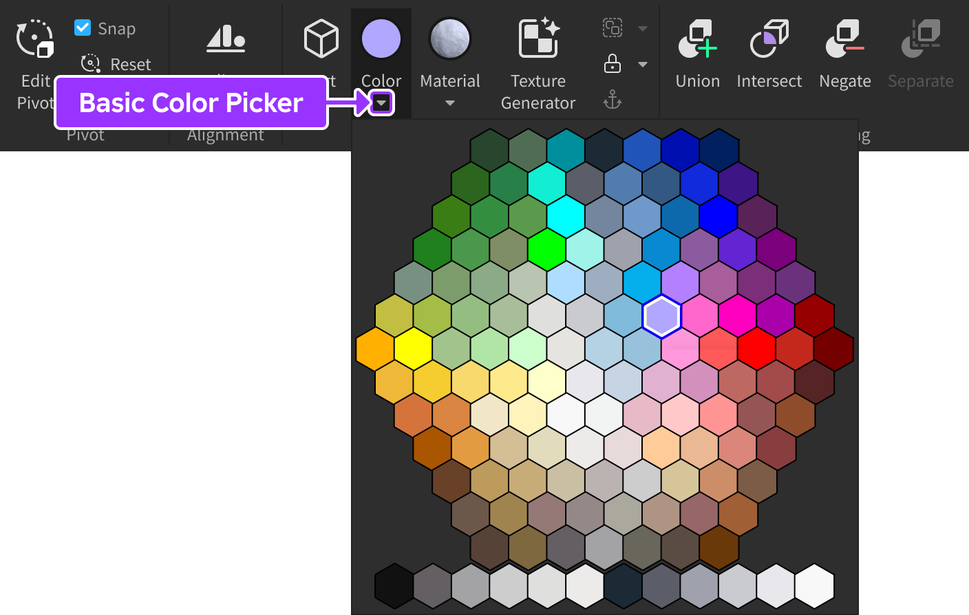 Studio's Model tab with the Color widget's hexagonal picker.